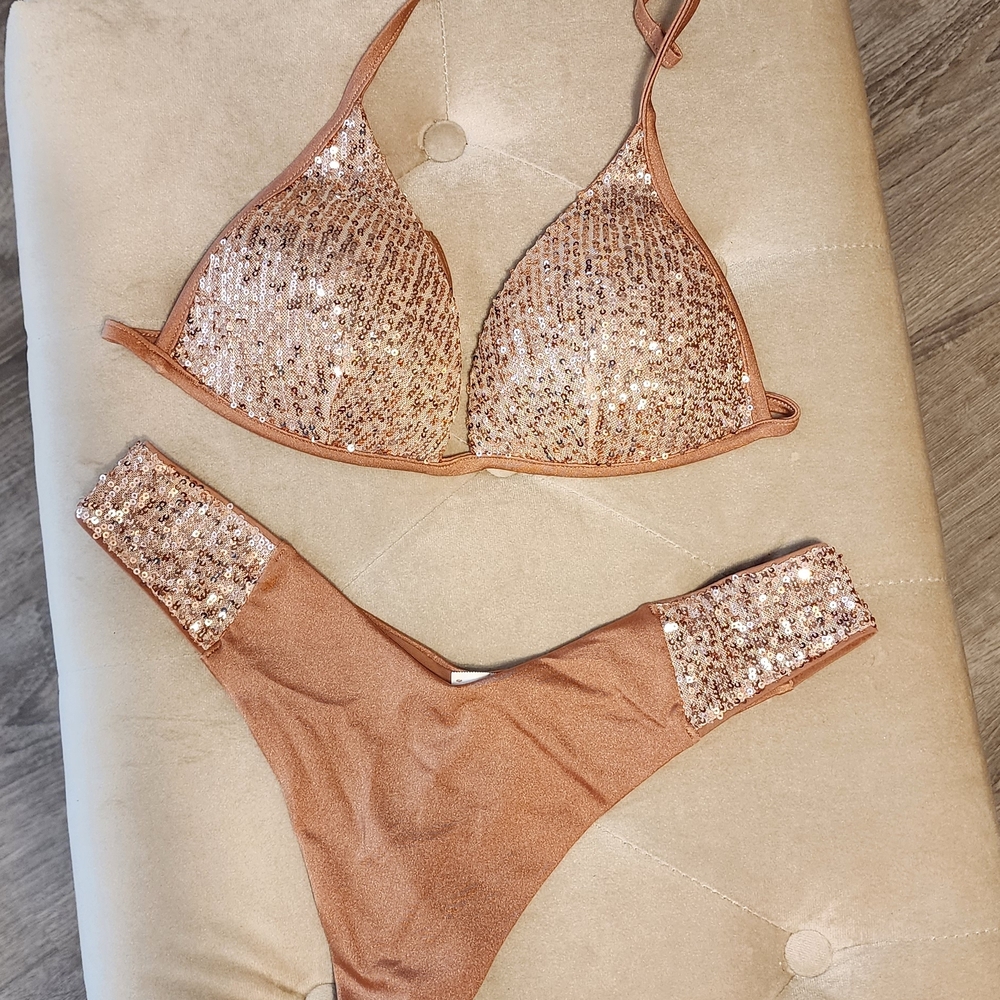 Sequin Triangle Bikini Set in Rose Gold - Women Swim